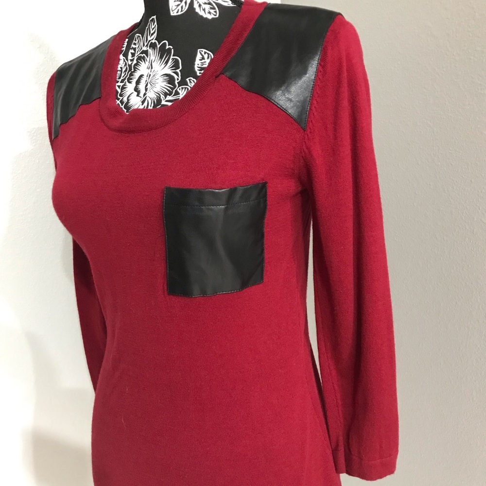 Belldini Red Sweater Black Faux Leather Pocket & Accents Size M NEW